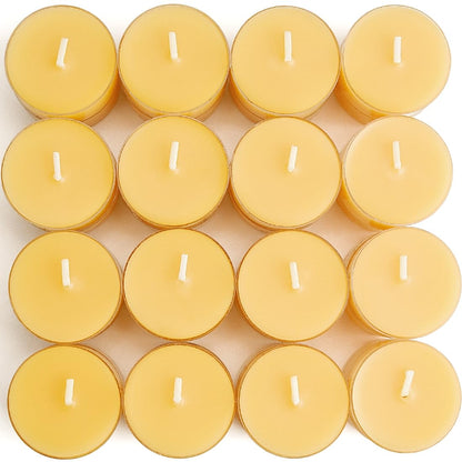 JONERAY 32 Packs Pure Beeswax Tealight Candles Bulk - Clear Cup, Natural Handmade Tea Candles for Dinner Table (Yellow)