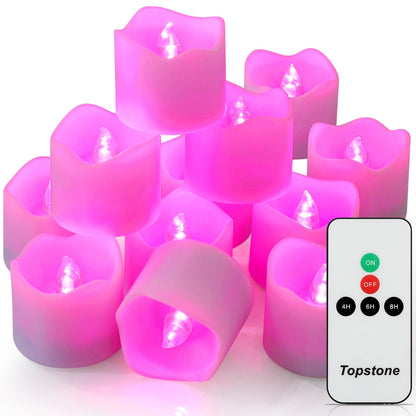 Topstone Remote Control Flameless LED Votive Candles with Timer, CR2450 Battery Powered, Electric Tea Lights for Seasonal and Festival Decoration, Pink Light, 12 pcs