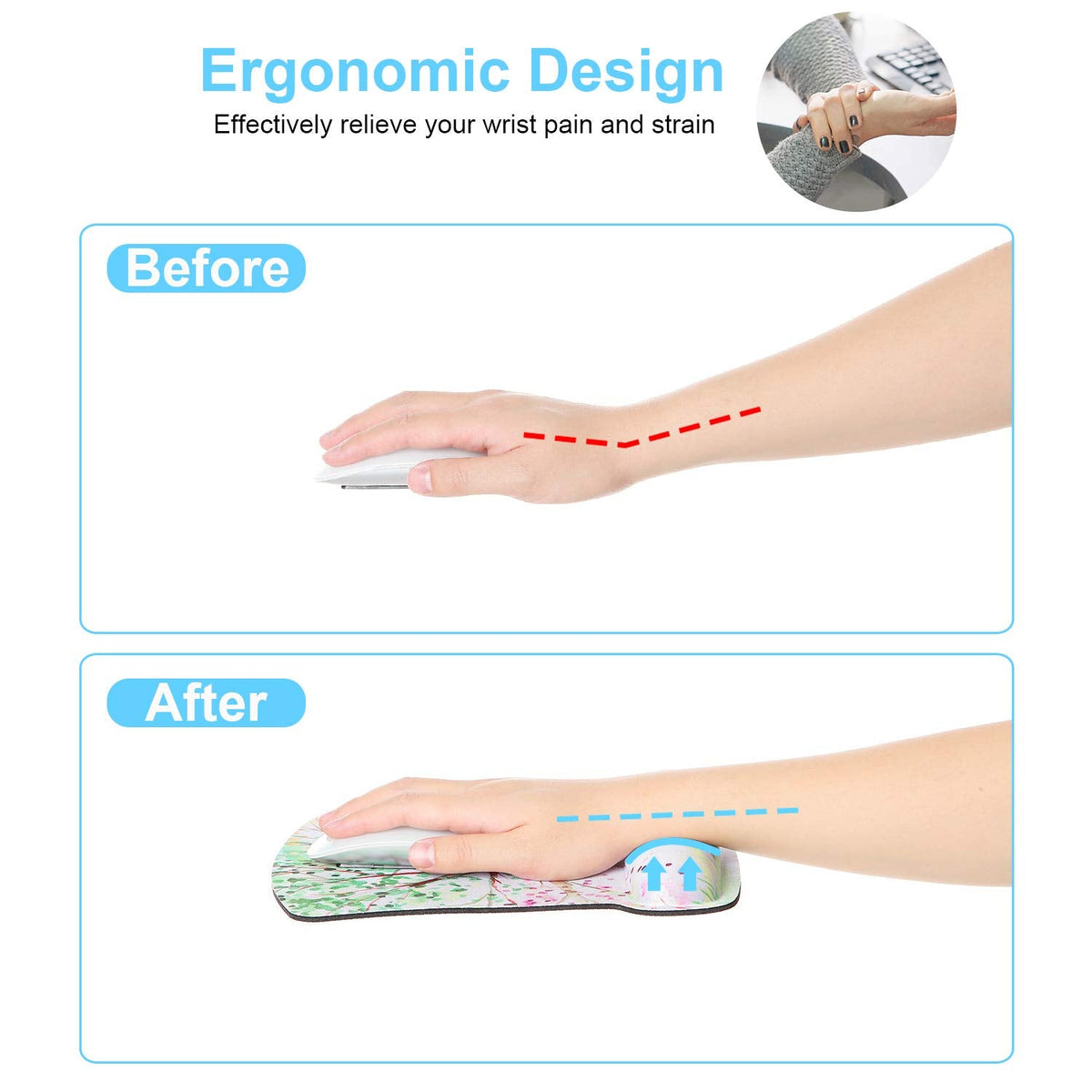 Ergonomic Mouse Pad with Wrist Rest Support Gel with Coaster, Cute Wrist Pad with Non-Slip Rubber Base, Easy Typing & Pain Relief, Blue Mandala
