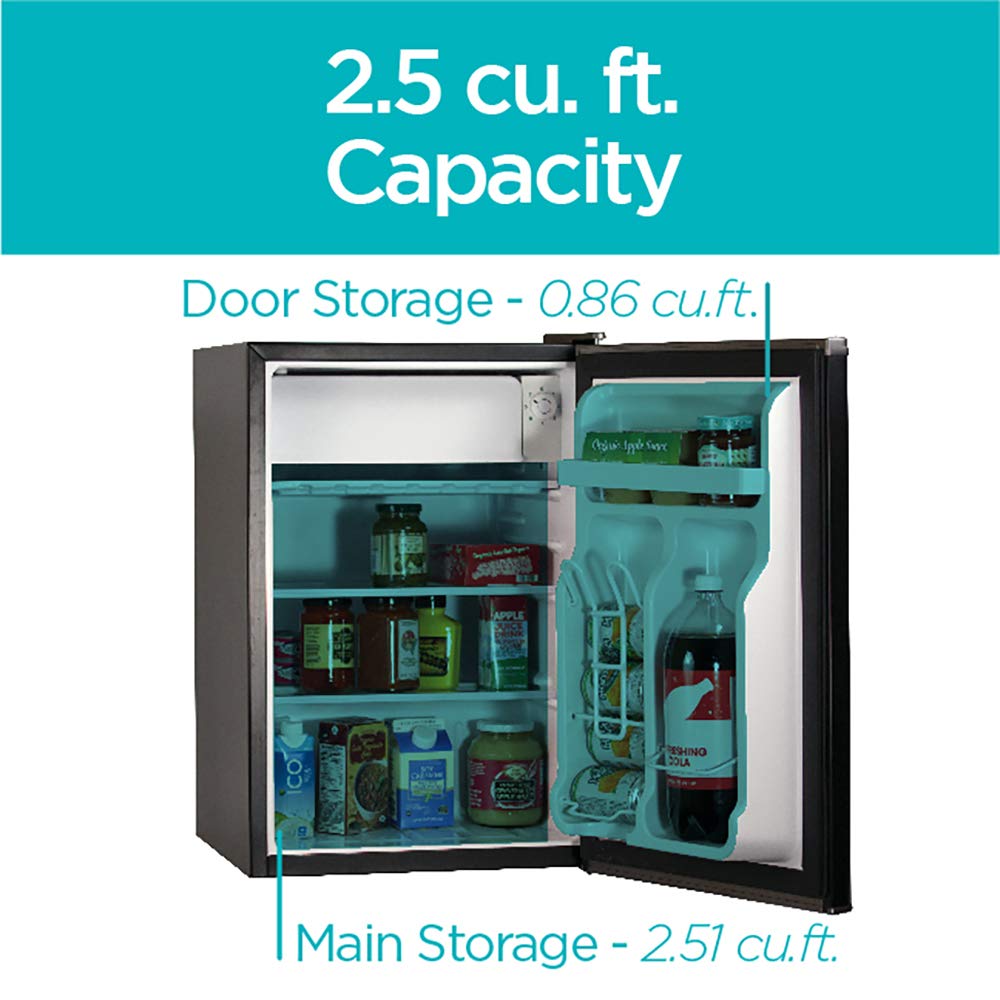 BLACK+DECKER 2.5 Cu. Ft. Compact Refrigerator, ENERGY STAR Certified, Single Door Mini Fridge with Chiller Compartment, Personal Fridge for Home or Dorm Room, R600a Refrigerant, BCRK25B, Black