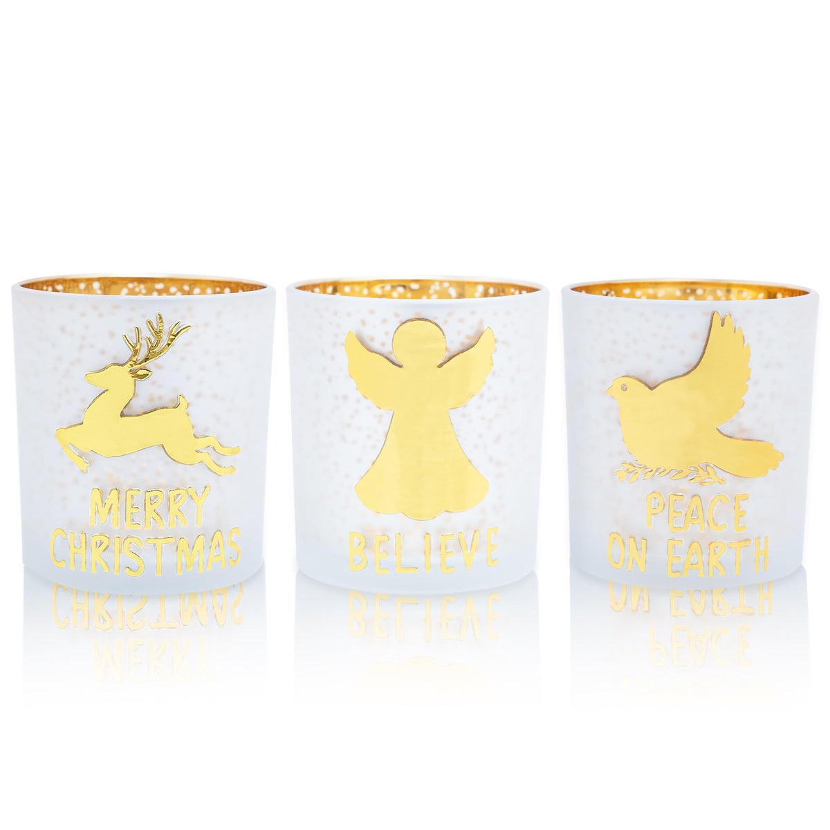 Rancco Votive Candle Holders, Christmas Gold Silver Glass Tea Light Candle Holder Set of 3 with Elk, Angel, Peace Dove, Candle Holder for Christmas Table Centerpieces, Birthday, Home Tea Party Decor