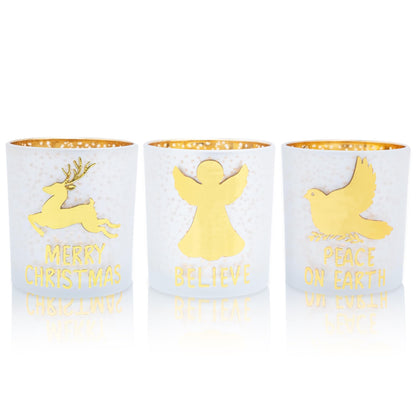 Rancco Votive Candle Holders, Christmas Gold Silver Glass Tea Light Candle Holder Set of 3 with Elk, Angel, Peace Dove, Candle Holder for Christmas Table Centerpieces, Birthday, Home Tea Party Decor