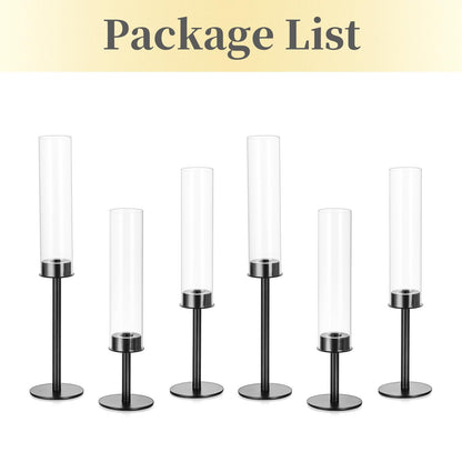 Hewory Black Candlestick Holders Hurricane Candle Holder, 6Pcs Candle Stick Candle Holder Candelabra, Taper Candle Holders with Glass Candle Cover for Wedding Table Centerpiece Christmas Decor