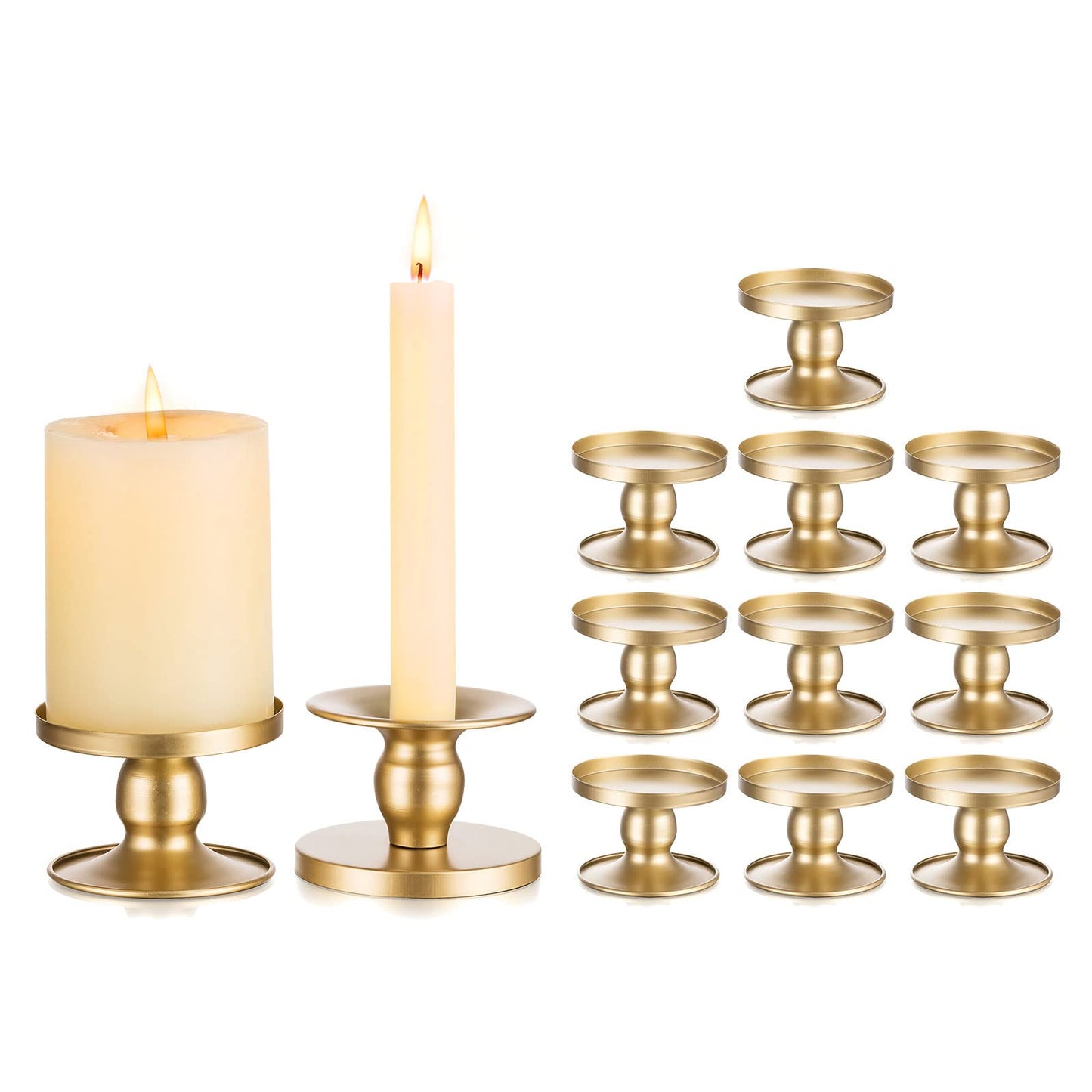 Candle Holders for Pillar Candles, Romadedi Gold Pillar & Taper Candle Holder, Small Metal Candle Stick Candle Holder for Wedding, Dining Room Table Centerpiece, Holiday Decor, 12 Pcs