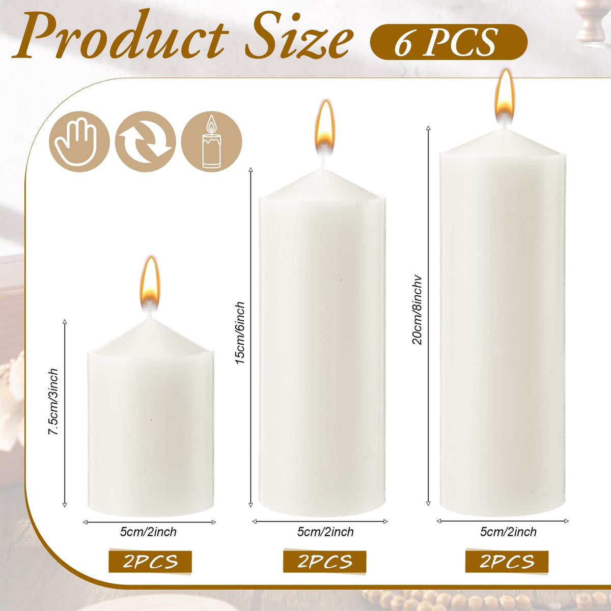 MTLEE 6 Pcs Pillar Candles 3 Set 2 in x 3, 6, 8 Inch Smokeless Dripless Unscented Pillar Candles Long Clean Burning Wax for Wedding Dinner Party Spa Emergency Ceremony Home Decor(White)