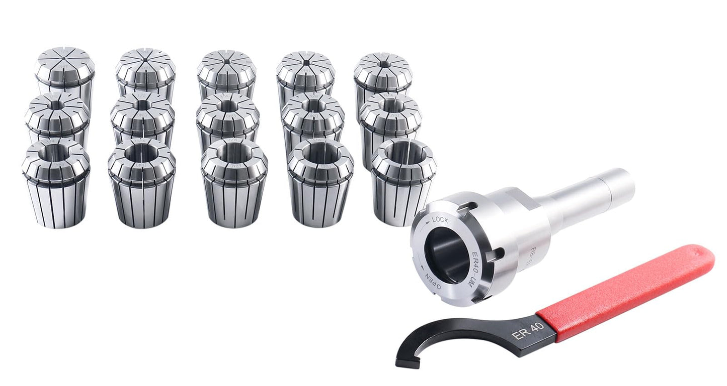 Accusize Industrial Tools - 15 Pc ER40 Precision Collet Set with R8 Bridgeport Shank Holder & Wrench, High Accuracy Tooling for Milling & Drilling, in Fitted Box, 0223-0984