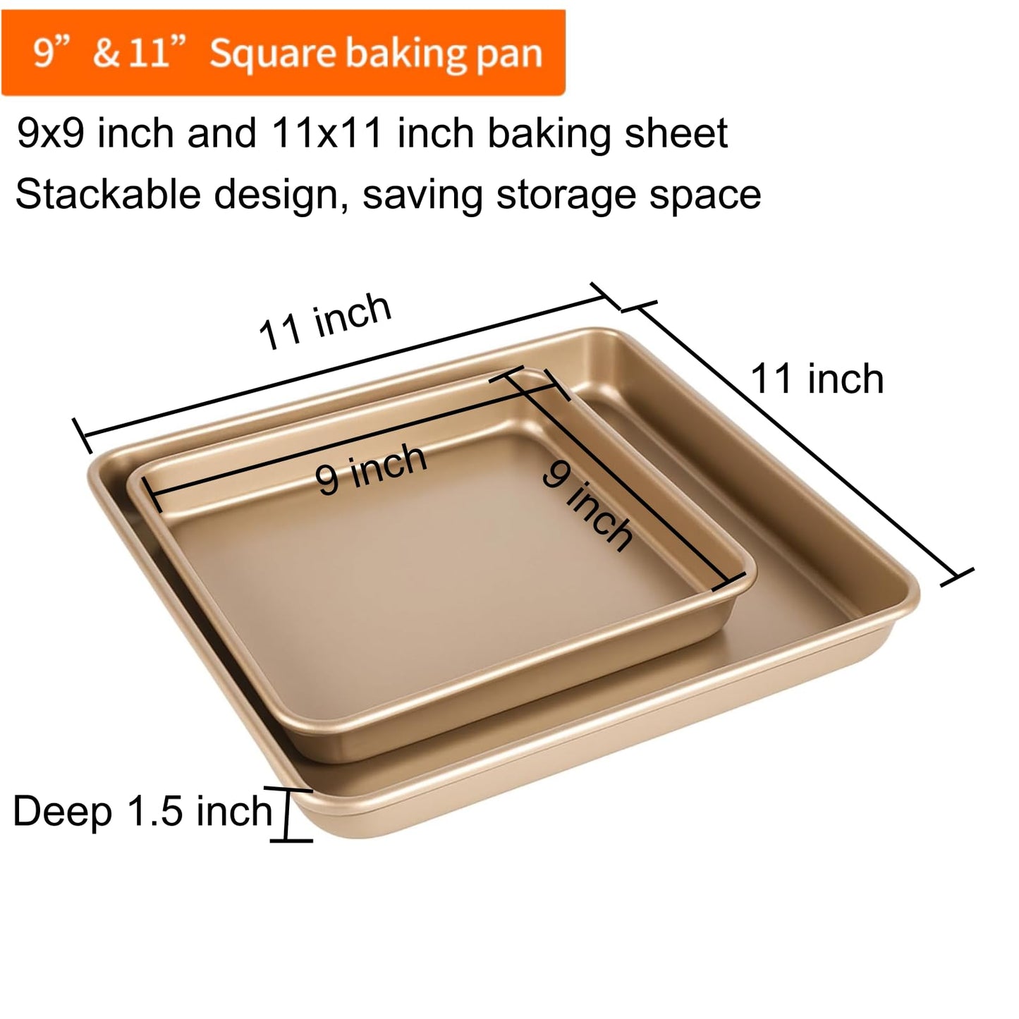 Barlket Square Baking Sheet 11x11 Inch and 9x9 Inch, Heavy Duty Non-Stick Baking Pan 28x28 for Toaster Oven, for Bread, Brownie and Cookie, Heats Evenly and Easy Release, Set of 2, Champagne Gold
