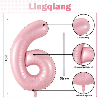 Pastel Pink Number 6 Balloons, 40 In Large Light Pink Number 6 Foil Helium Balloons for Girls, Self Inflating Number Balloons 0-9 for Girls 6th 16th Birthday Women Anniversary Party Decoration