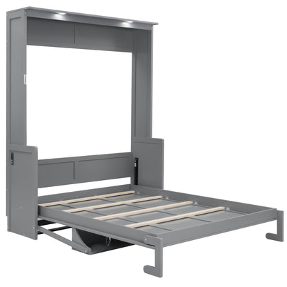 GDFStudio Queen Size Murphy Bed with Desk, LED Lights and USB Charging Ports, Wall-Mounted Space-Saving Bed, Solid MDF + Plywood, Foldable Design, Modern Home Office and Guest Room Solution, Gray