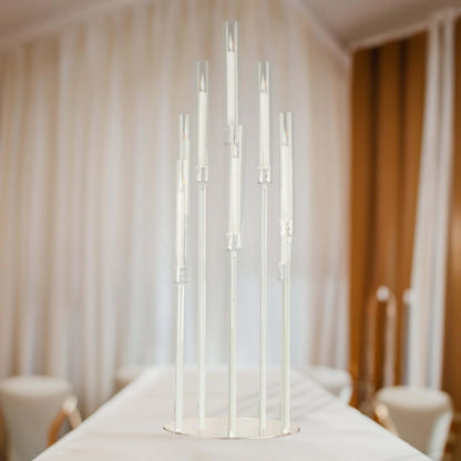 Efavormart 10 Arm Clear Acrylic Cluster Round Taper Candle Holder Candelabra, Pillar Candle Stick Stand with Circular Base - 47" Tall