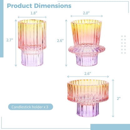 Set of 3 Colorful Glass Candlestick Holders for Taper, Tealight, and Pillar Candles – Perfect for Weddings, Parties, and Festivals