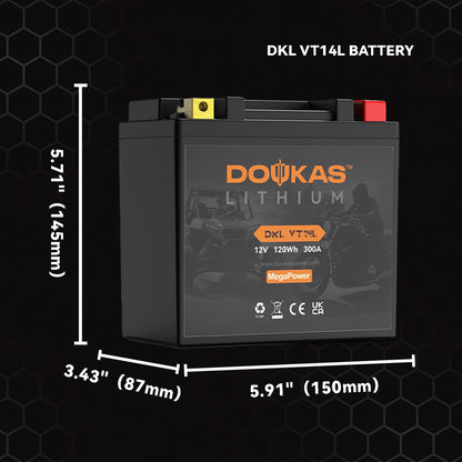DOUKAS DKL VT14L 10Ah LiFePO4 Lithium Motorcycle Battery, High CCA Replacement for YTX14L-BS, Heavy Duty Powersport Battery Designed for Harley Davidson & Large Displacement Cruisers, Powersports