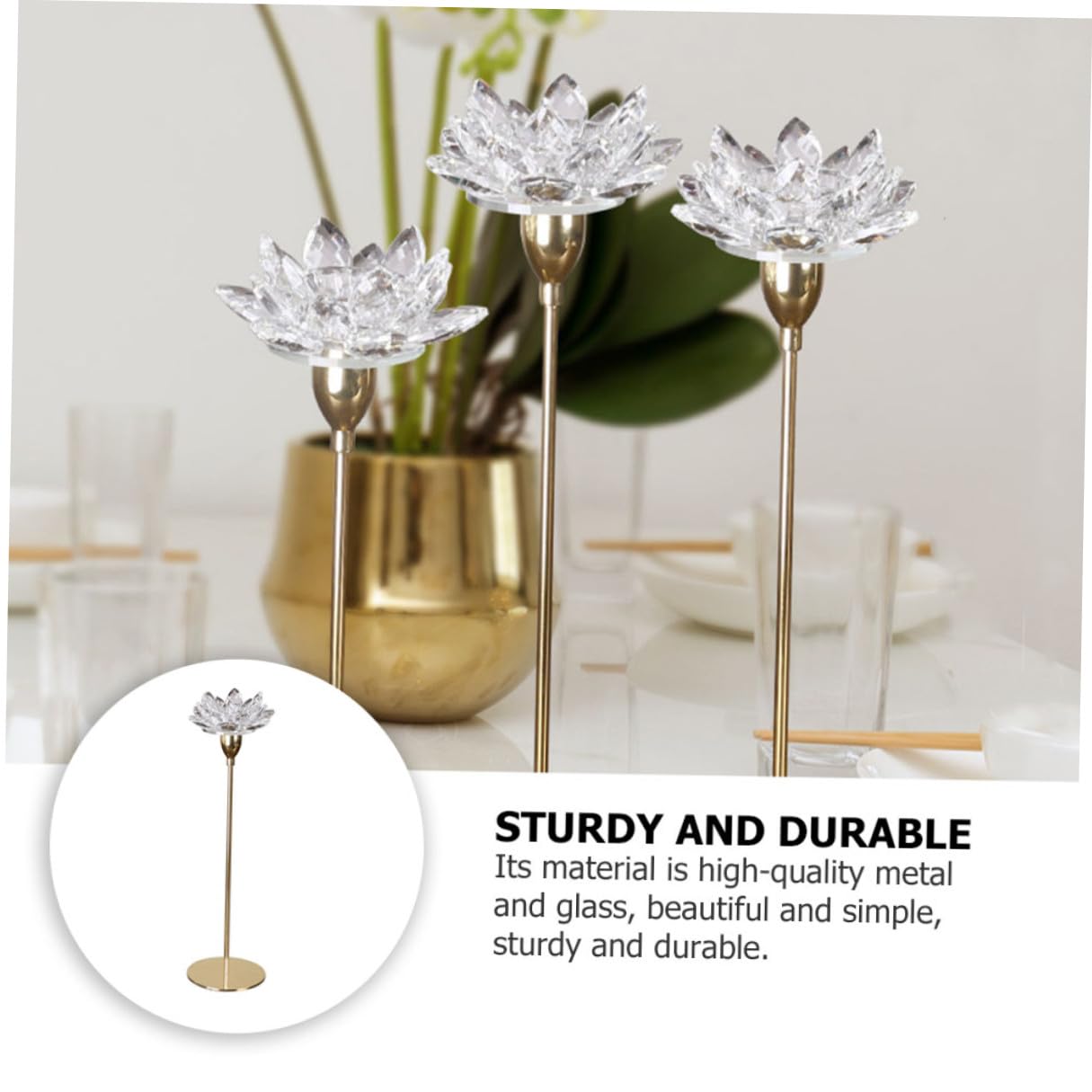 VOSAREA Crystal Lotus Candleholder Metal Candlestick Ornament Small Gold Decorative Candle Stick Holder for Wedding Table Centerpiece Home Décor