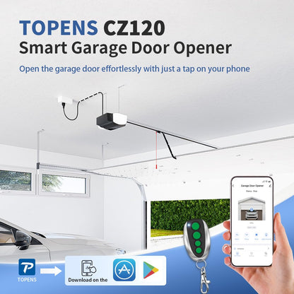 TOPENS CZ120 Garage Door Opener System 800N Chain Drive with Wireless Remote & Keychain Transmitter Smart App Control DC Motor for Sectional Garage Doors up to 7.5 ft