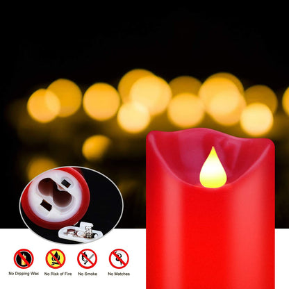 JUNPEI LED Candles, Battery Flickering Candles, Set of 3 Red Real Wax,300+ Hour Decorating Pillars Candles, with10 Buttons Remote Control with 24 Hour Timer Function for Decoration Christmas