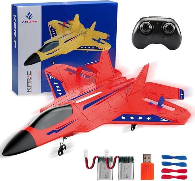 F22 RC Airplane 2.4GHz Remote Control Jet with Gyro Stabilizer LED Lights 2 Batteries Easy to Fly for Kids Boys Adults Beginners (Red)