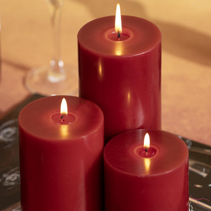 KONNI Dark Red Pillar Candles Set of 3, 3"x 4" Unscented Pillar Candles Bulk, 39 Hours Long Burning Candles, Smokeless&Dripless Large Round Candle for Wedding, Home Decoration, Parties, Spas, Dinner
