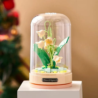 Building Blocks Flowers Bouquet Set with Music Box and Dust-Proof DomeArtificial Particle Flower Collection Construction Building Bricks ToyHome Decor (Lily of The Valley)