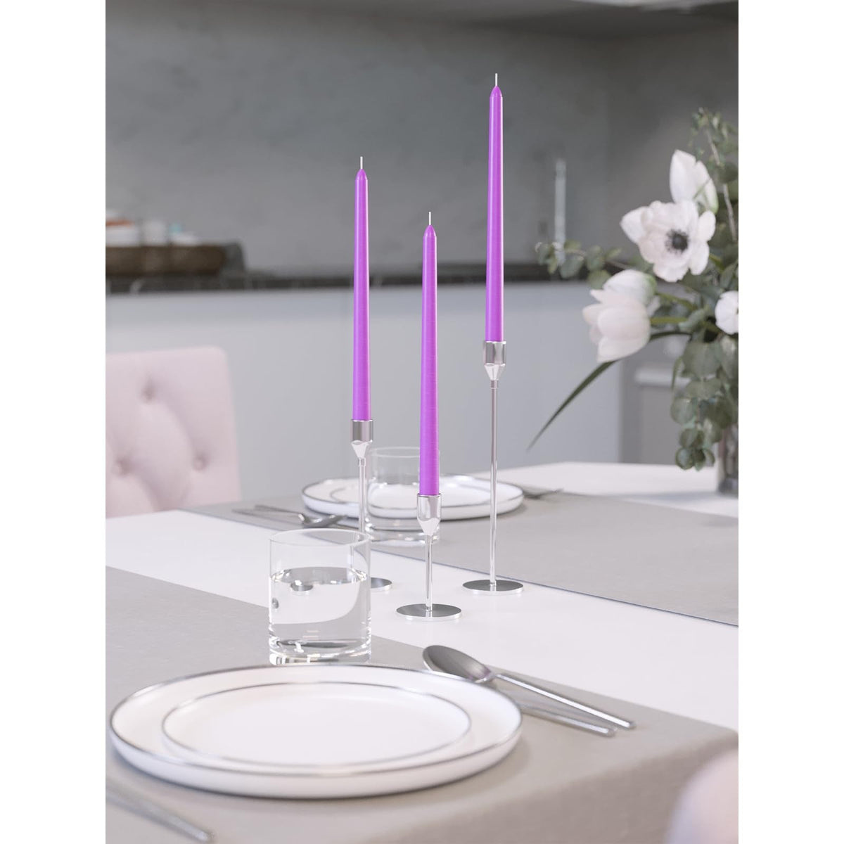 CANDWAX 12 inch Taper Lilac Candles Pack of 4 - Unscented Smokeless Dripless Tall Candlesticks - Perfect for Special Occasions, Ordinary Dinners, for Mother's Day - Lavender Candle Sticks