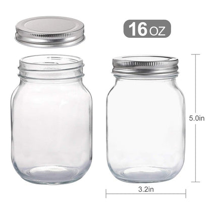 YINGERHUAN Glass Regular Mouth Mason Jars, 16 oz Clear Glass Jars with Silver Metal Lids for Sealing, Canning Jars for Food Storage, Overnight Oats, Dry Food, Snacks, Candies, DIY Projects (8PACK)
