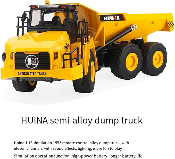 16.5 Inch Remote Control Dump Truck 11-Channels 1/16 Scale 6.6LBS Load Capacity RC Heavy Duty Semi Alloy Construction Vehicles Toy for Boys Kids 8y+ 12y+ (6-Wheels)