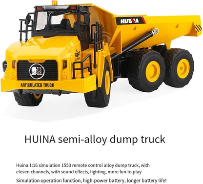 16.5 Inch Remote Control Dump Truck 11-Channels 1/16 Scale 6.6LBS Load Capacity RC Heavy Duty Semi Alloy Construction Vehicles Toy for Boys Kids 8y+ 12y+ (6-Wheels)
