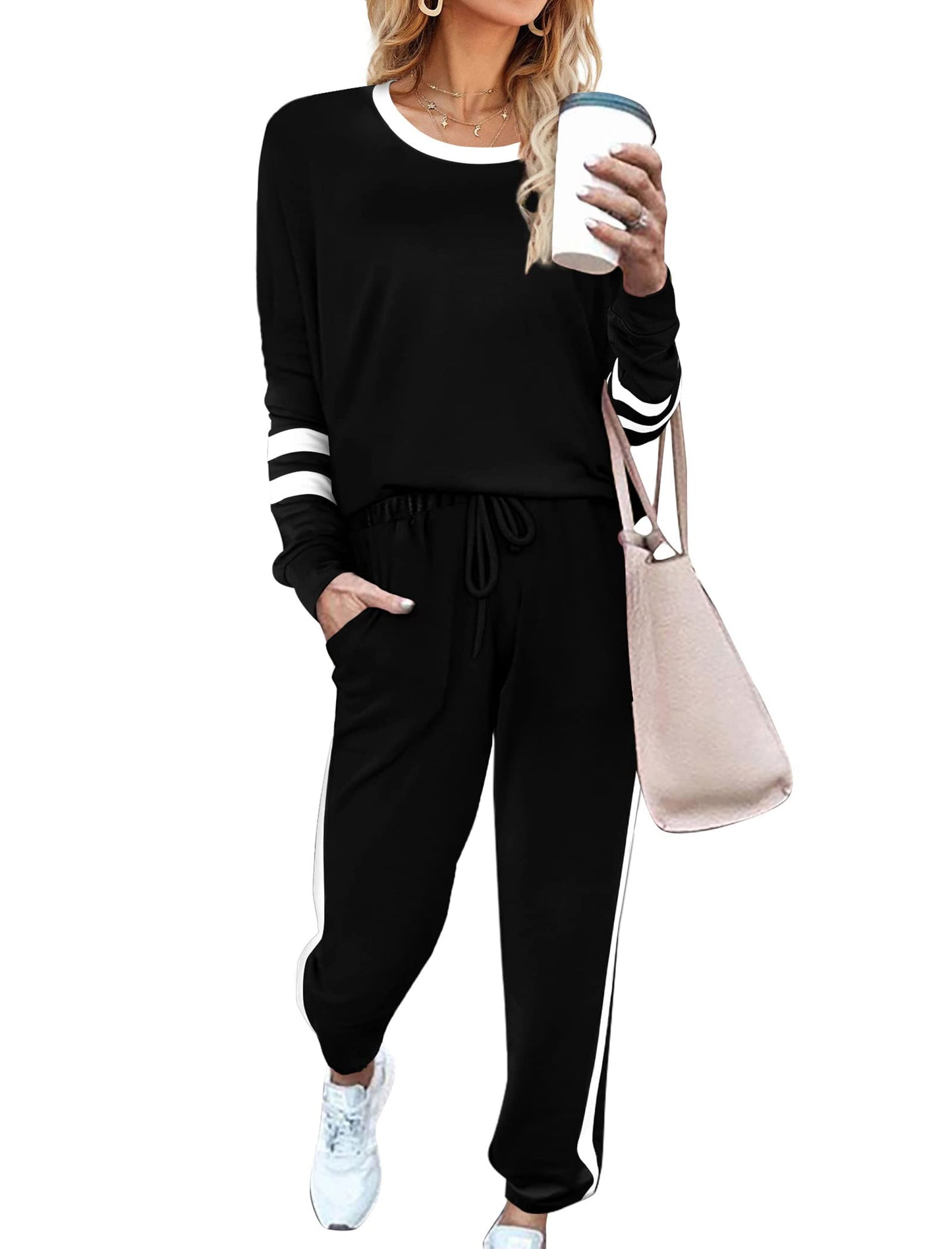 Aloodor Workout Sets for Women 2 Piece Outfits Casual Loose Fitting Tops Black 2XL