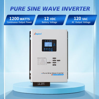 Ampinvt 1200W Pure sine Wave Solar Inverter 12V DC to 120V AC for Home Backup,Off-Grid Living,Built-in 40A MPPT Solar Controller,Solar & AC Input Charger,Compatible with Lifepo4 Battery