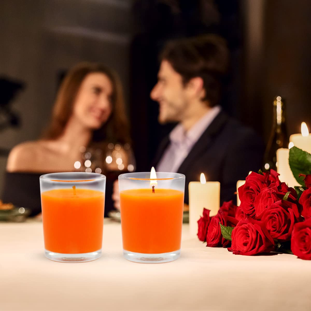 4 Packs Unscented Orange Votive Candles in Glass, 2 Inch Natural Soy Wax Scentless Fall Harvest Autumn Candles for Halloween Thanksgiving Wedding Party Home Holiday Relaxation, 12-15 Hour Burning Time