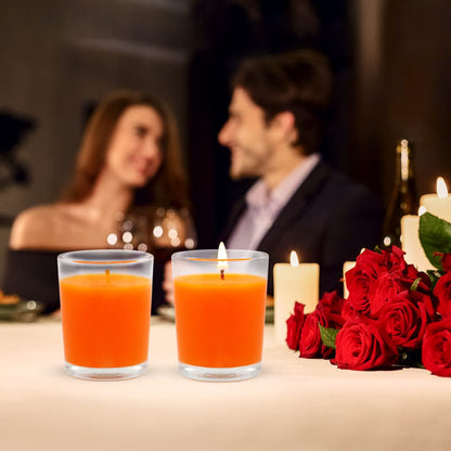 4 Packs Unscented Orange Votive Candles in Glass, 2 Inch Natural Soy Wax Scentless Fall Harvest Autumn Candles for Halloween Thanksgiving Wedding Party Home Holiday Relaxation, 12-15 Hour Burning Time