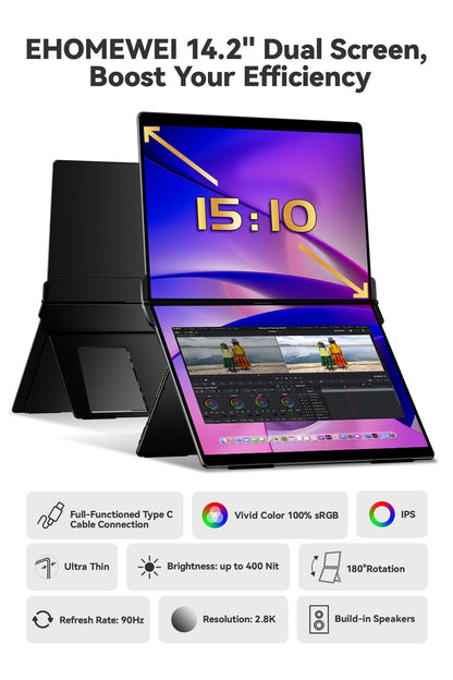 EHOMEWEI X1 Air Foldable Dual Screen Portable Monitor 14.2"×2 2.8K IPS Laptop Screen Extender 90Hz USB-C HDMI for MacBook Windows