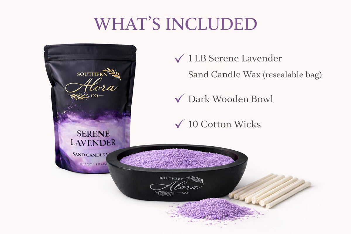 Sand Candle Wax 1 LB – Southern Alora Scented Candle Sand with 10 Cotton Wicks, Refillable & Reusable for Candle Making, Spill-Safe for Bowls & Centerpieces (Serene Lavender Kit with Wood Bowl)