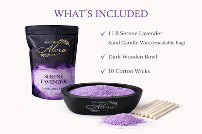 Sand Candle Wax 1 LB – Southern Alora Scented Candle Sand with 10 Cotton Wicks, Refillable & Reusable for Candle Making, Spill-Safe for Bowls & Centerpieces (Serene Lavender Kit with Wood Bowl)