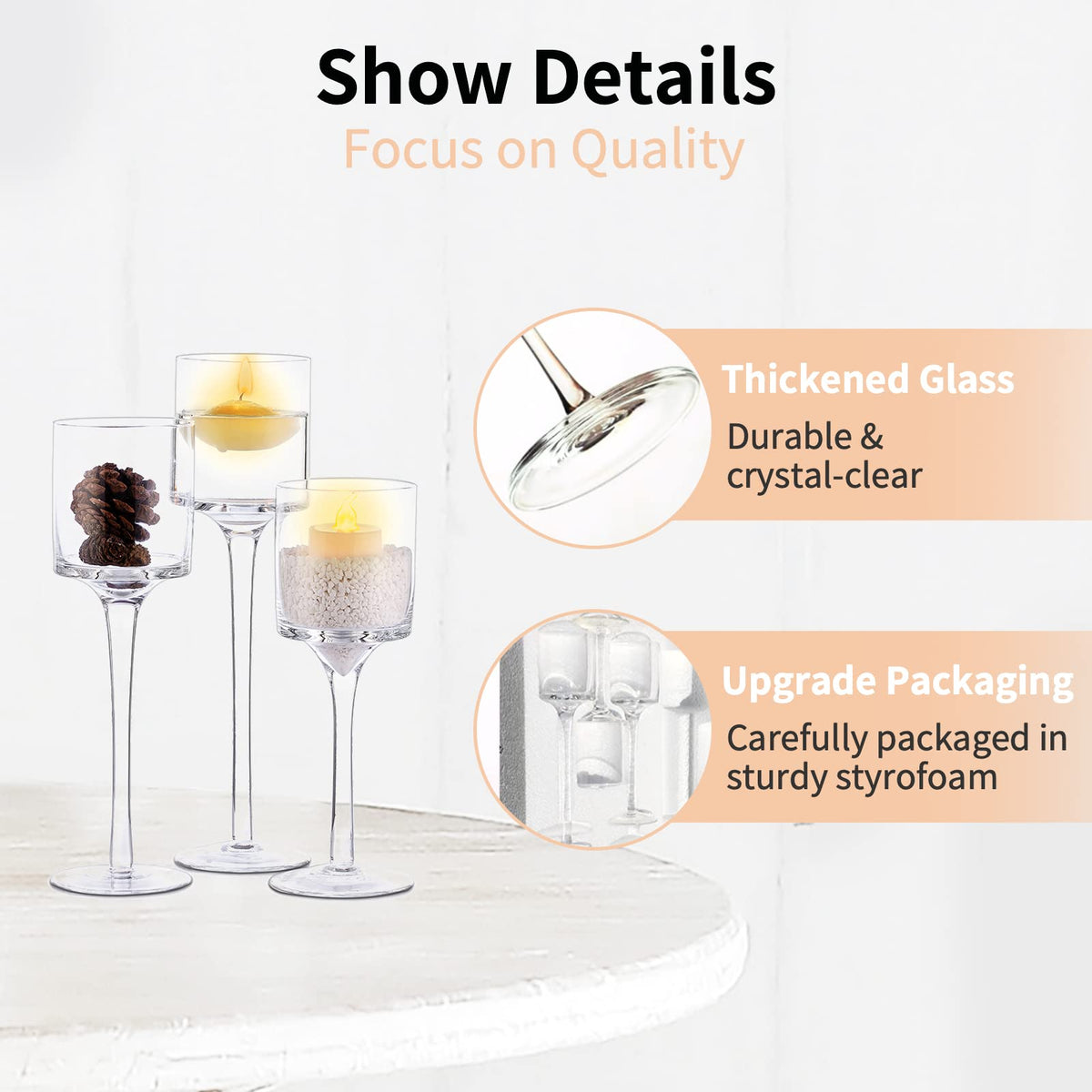 NUPTIO Tealight Candle Holders Glass: Set of 3 Long Stemmed Candle Stands for Dinner Table Centerpiece - Monet Candleholders Pillar Floating Candles