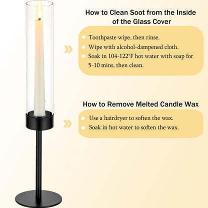 Romadedi Black Candlestick Holders Hurricane - Metal Taper Candle Holder Tall Windproof Glass Cylinder for Indoor Outdoor Table Centerpiece Christmas Halloween Modern Home Decor Set of 3