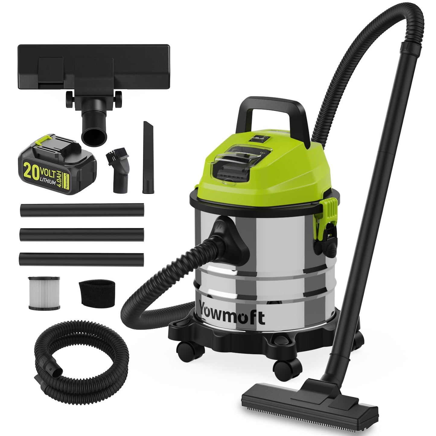 YOWMOFT 4 Gallon Cordless Shop Vac, Cordless Shop Vacuum Wet and Dry with 16 Kpa Strong Suction & Blower, Portable Shop Vacuum, Battery Powered Shop Vac for Car, Home and Garage, CVC2015
