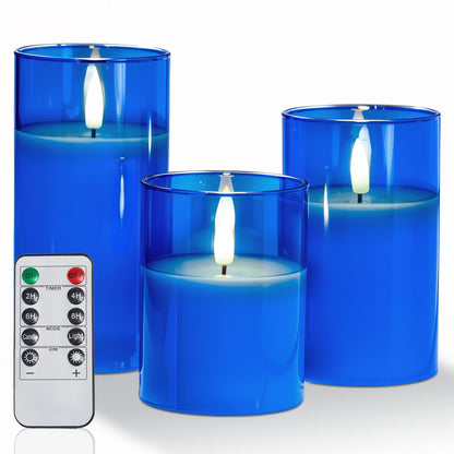 Amagic Blue Glass Flameless Candles with Remote, Battery Operated Candles, Real Wax LED Candles with Timer, Flickering Fake Pillar Candle for Theme Party, Hanukkah Holiday Decor, 3D Wick, Set of 3