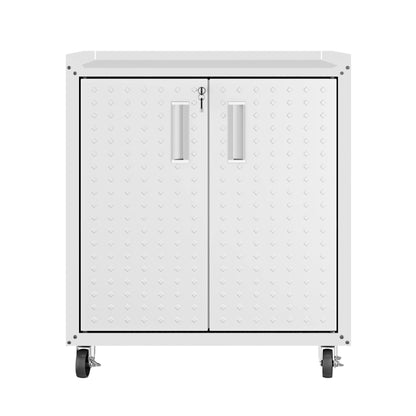 Manhattan Comfort Fortress Rolling Garage Storage Cabinet with 2 Adjustable Shelves, Lockable Metal Tool Compartment, Heavy-Duty Mobile Utility Organizer with Wheels, White