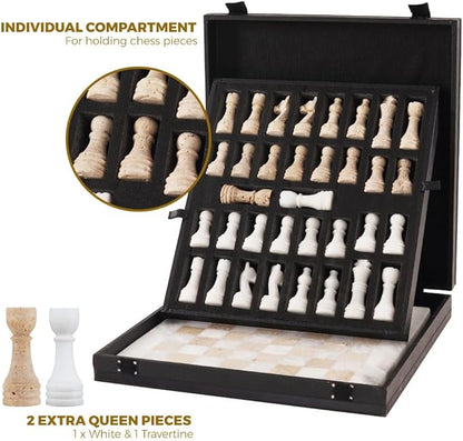 Marble Chess Set 12 Inch Handmade White and Travertine Board Games for Adults with Storage Box Classic Table Chess Board with Chess Pieces &amp 2 Extra Queens Gifts &amp Home Décor