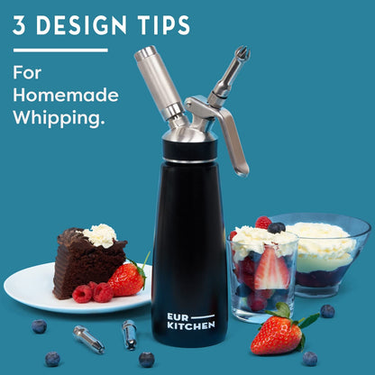 EurKitchen Stainless Steel Professional Whipped Cream Dispenser - Leak-Free Whip Cream Maker Canister - 3 Decorating Nozzles & Cleaning Brush - 1Pint /500 ML Cream Whipper - N2O Charger (Not Included)