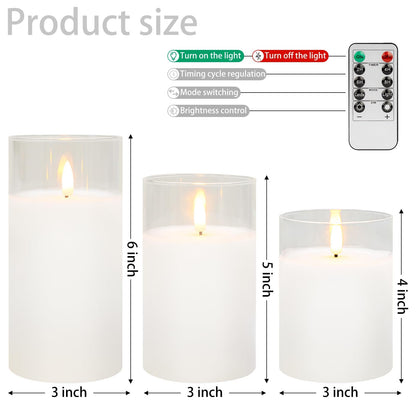 Mingfuxin Clear Glass Flickering Flameless Candles with Remote, White Wax Battery Operated LED Pillar Candle with Timer for Party Wedding Decoration, Set of 3