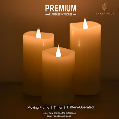 ENKINDDLE Flameless Candles with Timer, 3D Moving Flame LED Pillar Candle, Real Wax Flickering Candle, Battery Operated, Ivory 3"x5" for Table Centerpiece & Home Décor