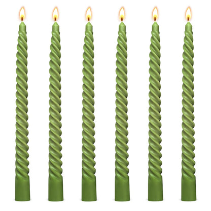 6 Pack 10 Inch Olive-Green Spiral Taper Candles for Christmas and Spring Home Decoration, Unscented Dripless Twisted Candlesticks for Dinner St. Patrick's Day Earth Day and Garden Parties