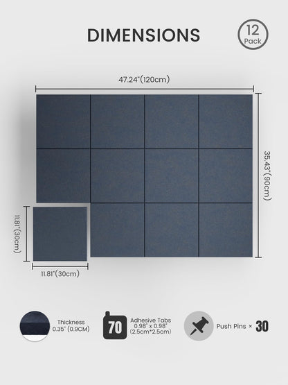 Bumusty Large Cork Board 48" x 36" Alternative - 12 Pack Felt Wall Tiles with 70 Safe Removable Adhesive Tabs, 30 Pushpins, Cork Boards for Walls Bulletin Board Office Decor (Deep Charcoal Blue)