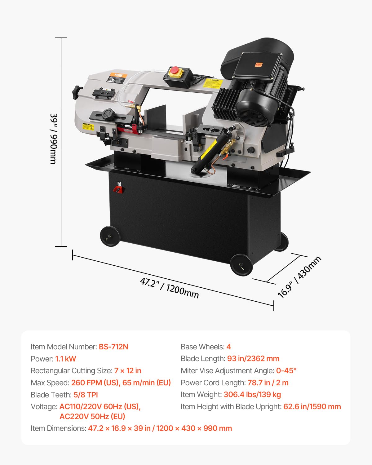 VEVOR Metal Horizontal Band Saw, 7 x 12 in Rectangular Cutting Capacity, 110/220V Vertical Cutting Bandsaw with 1.1 kW Motor, 0-45° Angle Adjustment, Variable Speed, for Metal, Wood, and Plastic