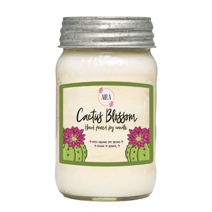 Aira Soy Candles - Organic, Kosher, Vegan, in Mason Jar w/Therapeutic Grade Essential Oil Blends - Hand-Poured 100% Soy Candle Wax - Paraffin Free, Burns 110+ Hours - Cactus Blossom -16 Ounces