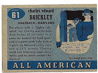 VINTAGE CHARLEY BRICKLEY ROOKIE CARD &amp SHORT PRINT FOOTBALL CARD - 1955 TOPPS ALL AMERICAN FOOTBALL CARD #61 (HARVARD) FREE SHIPPING &amp TRACKING
