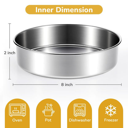 BAKEWAY 8 inch Cake Pans, Round Baking Layer Cake Pan Set of 2, Stainless Steel Mirror Finish & Dishwasher Safe for Birthday, Party, Wedding