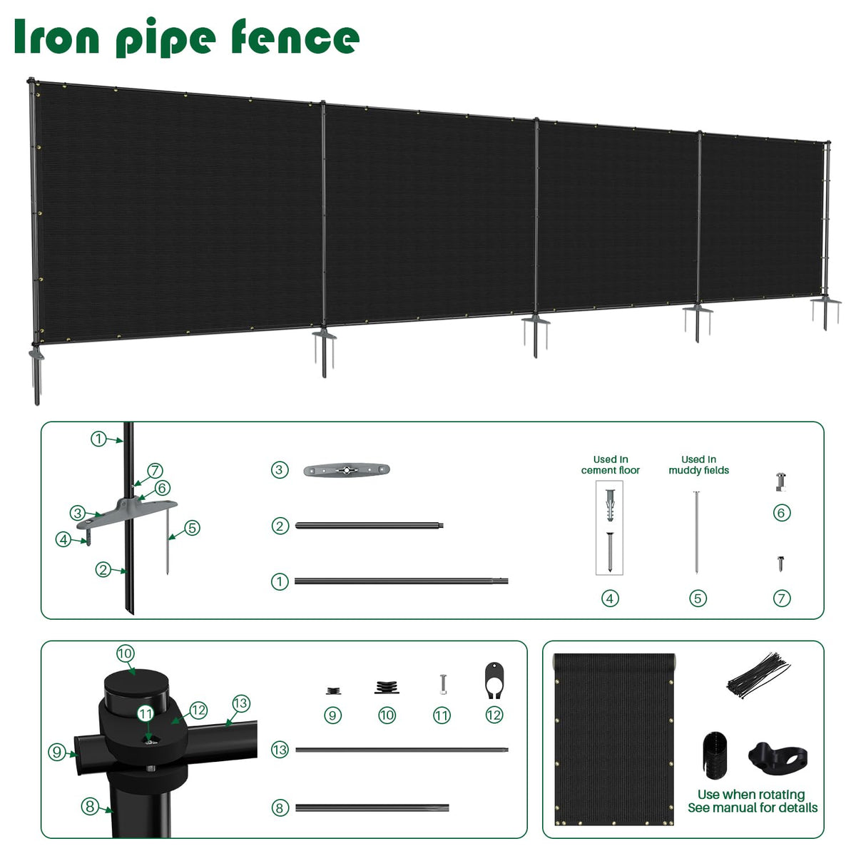 Goleray 5'Hx24'W Outdoor Freestanding Privacy Screen Fence Panels with Iron Poles, Mesh Shade Net Cover Temporary Fencing for Patio Backyard Garden Deck, Black