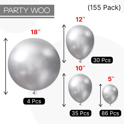 PartyWoo Silver Balloons 155 pcs Different Sizes of 18 12 10 5 Inch Silver Balloon Arch Kit Garland for Birthday Graduation Bachelorette Engagement Bridal Shower Wedding Party Decorations Silver-G102